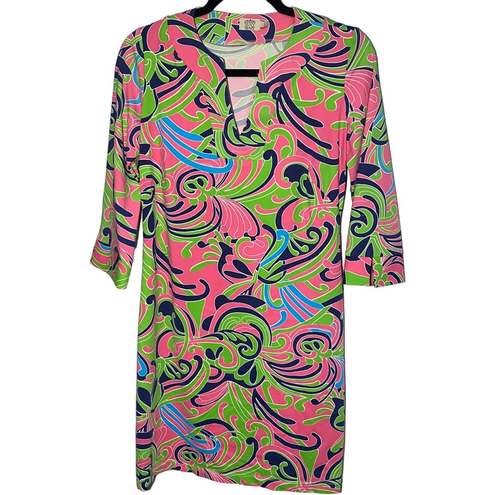 Katherine‎ Way Womens Small Sheath Scuba Stretch Dress SPF Retro Swirl Pink Blue